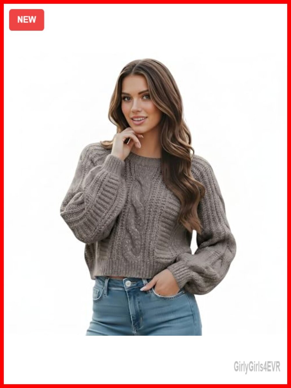 Cropped Cable Knit Sweater Long Sleeve Pullover Casual Fall Winter